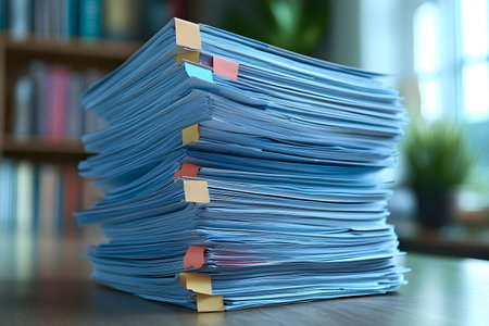 Tall stack of blue documents neatly organized with colorful sticky tabs, placed on a wooden table in an office environment. a blurred bookshelf and plant in the background add depth to the professional setting. Generative AIの素材