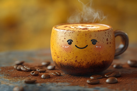 A charming coffee mug adorned with a smiley face design sits steaming with fresh coffee amidst scattered beans. the warm color palette of the mug complements the autumnal background, evoking feelings of coziness and happiness. Generative AIの素材