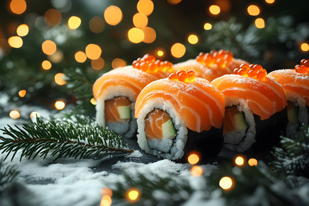 Sushi rolls topped with fresh salmon and roe are elegantly arranged on a snow-dusted table surrounded by evergreen branches. warm holiday lights create a cozy festive atmosphere, blending culinary art with seasonal cheer. Generative AIの素材