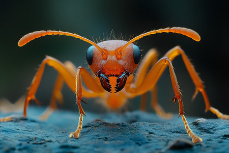 Close-up macro image of a red ant showcasing its detailed anatomy, including antennae and mandibles. set against a blurred natural background, the photograph emphasizes texture and vibrant coloration in entomological subjects. Generative AIの素材
