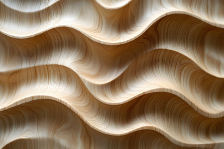 Curved wooden patterns form a mesmerizing wavy texture, natural grain and fluidity. ideal for backgrounds, interior decor concepts, or creative design projects needing organic aesthetics. Generative AIの素材