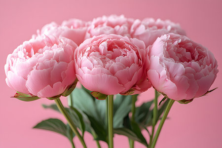 Pink peonies in full bloom create an elegant bouquet set against a soft pink background. this image is ideal for floral designs, decorations, and various artistic projects, capturing the delicate beauty and charm of peonies. Generative AIの素材