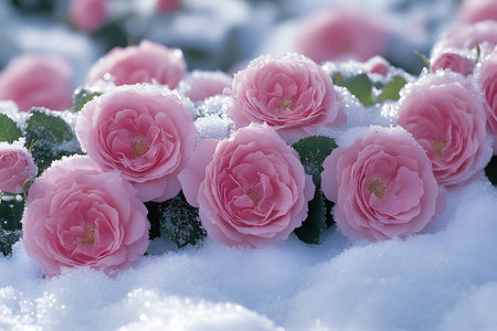 Pink roses gracefully emerge through a blanket of snow, showcasing a striking contrast between vibrant blooms and icy frost. this enchanting scene essence of nature's resilience and delicate beauty. Generative AIの素材