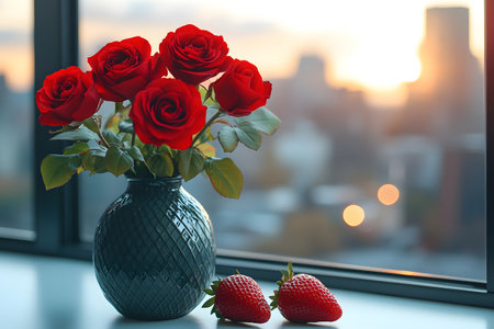 Red roses in a textured vase grace a windowsill against a soft-focus cityscape at sunset. two strawberries accompany the arrangement, suggesting a romantic, elegant atmosphere ideal for valentine's day. Generative AIの素材