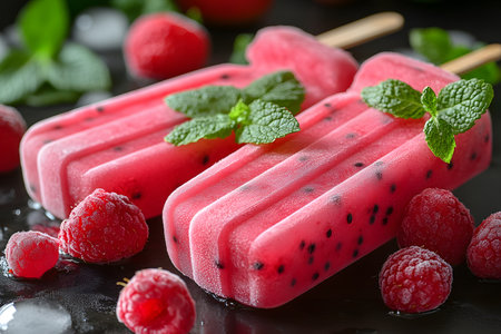 Delicious raspberry popsicles garnished with fresh mint leaves and surrounded by ripe raspberries. perfect representation of a refreshing summer dessert, capturing vibrant colors and a cool, appetizing texture. Generative AIの素材