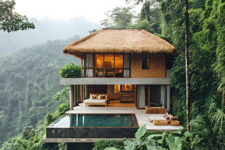 Nestled in a lush jungle landscape, a luxurious villa features a thatched roof and expansive glass windows overlooking an infinity pool. the serene setting offers a perfect escape into nature with its tranquil and immersive environment. Generative AIの素材