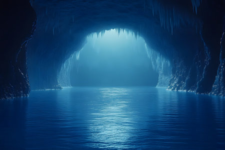 A serene ice cave with glistening stalactites and a calm body of water reflecting a soft blue glow. the cave's opening reveals gentle, ethereal light, creating a mystical atmosphere perfect for exploration or meditation themes. Generative AIの素材
