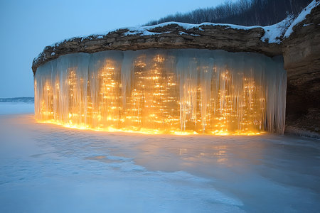 A mesmerizing scene of an ice cave illuminated by warm, glowing lights during a serene winter evening. the combination of icy textures and sparkling lights creates a magical, ethereal atmosphere in the frozen landscape. Generative AIの素材