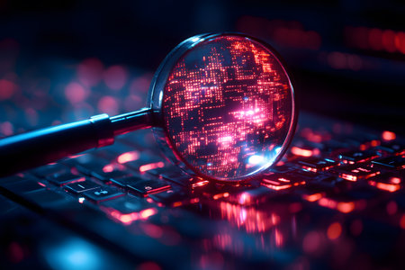 A magnifying glass hovers over a keyboard illuminated by red digital code, symbolizing cybersecurity analysis and data protection. the scene reflects modern technology themes such as hacking, digital forensics, and information security. Generative AIの素材