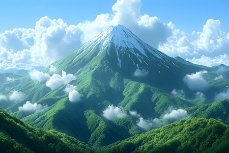 Towering snow-capped mountain peak surrounded by lush green valleys and scattered clouds under a clear blue sky. ideal for nature and landscape-themed prints, posters, or digital use. Generative AIの素材