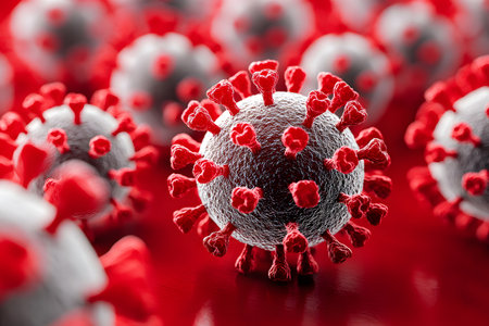 Detailed 3d rendering of the coronavirus structure with prominent red spikes against a vivid red background. suitable for medical and educational purposes, virus morphology in a modern, eye-catching design. Generative AIの素材