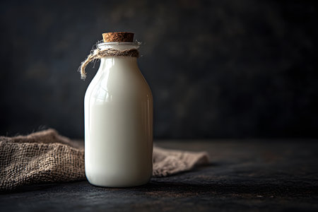 A rustic glass bottle filled with milk, topped with a cork stopper, is elegantly placed on a dark, textured surface. accompanied by a burlap cloth, the setting evokes a farmhouse ambiance ideal for culinary or dairy-related themes. Generative AIの素材