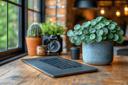 A cozy workspace featuring a sleek laptop on a rustic wooden desk. potted plants, including a lush pilea and a cactus, add a natural touch. background includes a camera and soft lighting, creating a tranquil ambiance. Generative AIの素材