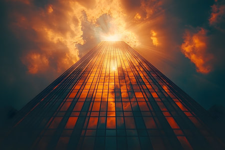 Striking skyscraper bathed in the warm, golden hues of sunset, reflecting vivid clouds against a deep blue sky. the upward perspective highlights the building's towering presence, creating a dramatic urban landscape ideal for architectural inspiration. Generative AIの素材