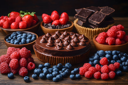 A luscious chocolate tart adorned with glossy chocolate dollops, accompanied by an assortment of fresh strawberries, raspberries, and blueberries. surrounding the tart, stacks of rich dark chocolate enhance the indulgent visual appeal. Generative AIの素材