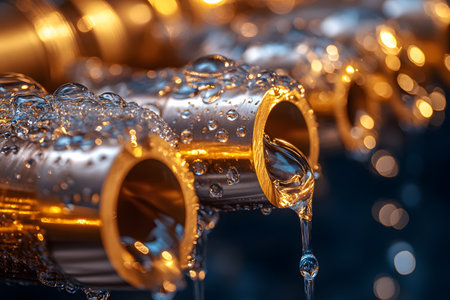 Close-up of gold-plated metal tubes with glistening water droplets, showcasing intricate details and reflections. perfect for concepts related to industry, manufacturing, and technology, providing a luxurious and precise aesthetic. Generative AIの素材
