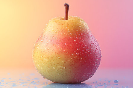 A single ripe pear adorned with fresh water droplets sits against a vivid gradient background. the combination of natural fruit texture and colorful hues creates a visually appealing representation of health and freshness. Generative AIの素材