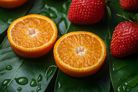 Sliced citrus fruits and vibrant strawberries placed on glossy green leaves evoke a sense of freshness. raindrops enhance the natural and organic appeal, ideal for themes of health, nature, or summer. Generative AIの素材