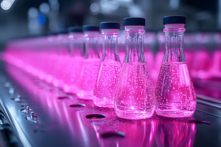 Rows of laboratory flasks filled with neon pink liquid on a metallic surface. the vibrant pink hue suggests a modern, high-tech scientific setting focused on innovation and research advancements. Generative AIの素材