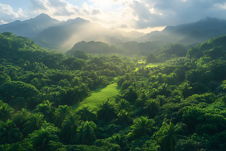 Breathtaking lush tropical valley illuminated by soft morning sunrays, surrounded by majestic mountains. dense green foliage and palm trees create a peaceful natural sanctuary, perfect for nature-focused designs and backgrounds. Generative AIの素材