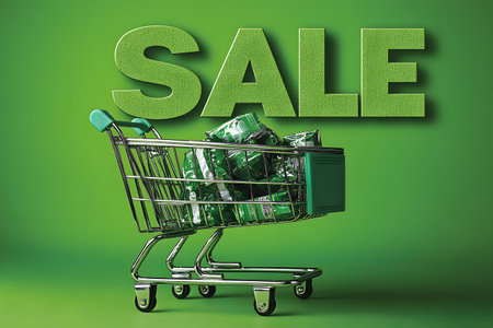 A metallic shopping cart filled with green products positioned against a vibrant green background. the bold sale text emphasizes promotional themes, ideal for eco-friendly retail and marketing design. Generative AIの素材