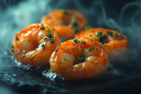 Close-up of succulent, grilled shrimp garnished with fresh herbs, emitting steam on a dark background. the savory and appetizing presentation makes it ideal for culinary art, menu design, and food marketing. Generative AIの素材