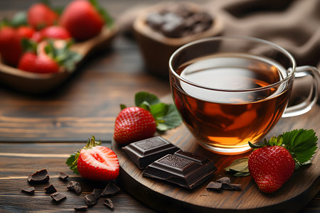 A rustic setup featuring a clear glass cup of tea surrounded by rich chocolate pieces and fresh strawberries on a wooden surface. the blurred background adds warmth, a cozy and indulgent atmosphere. Generative AIの素材