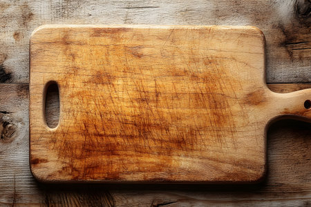 Top view of a rustic wooden cutting board resting on a textured, aged wooden surface. the warm tones and natural grain patterns create a traditional kitchen atmosphere, perfect for culinary projects or home decor. Generative AIの素材