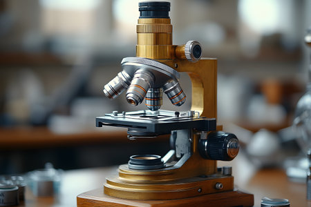 Detailed view of a vintage brass microscope in a laboratory environment. the focus is on the intricate design and craftsmanship, its role in scientific research and education. Generative AIの素材