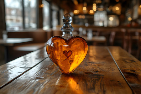 Heart-shaped glass decanter with intricate heart detail stands on a rustic wooden table in a warmly lit cafe . ambient lighting with soft bokeh creates a cozy and inviting atmosphere, blending vintage charm with modern elegance. Generative AIの素材