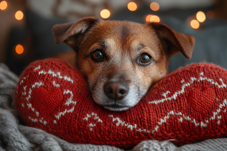 A cute dog rests its head on a red knitted pillow adorned with heart patterns, surrounded by warm blankets. the background features soft, defocused bokeh lights, creating a cozy and heartwarming atmosphere ideal for winter and holiday themes. Generative AIの素材
