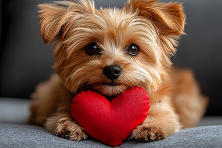 An endearing scene featuring a fluffy puppy gently holding a red heart-shaped toy. the image exudes warmth, making it ideal for pet lovers and valentine's day themed designs. perfect for cards, posters, and social media. Generative AIの素材