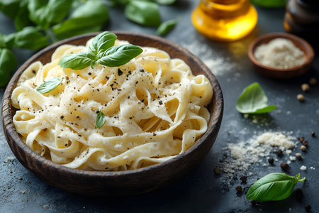 Mouthwatering bowl of creamy fettuccine alfredo topped with freshly cracked pepper and basil leaves. set against a dark rustic background, it features grated cheese and spices, the savory essence of italian culinary art. Generative AIの素材