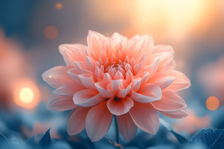 A delicate dahlia blossom bathed in soft sunlight, showcasing its intricate petals. the ethereal warmth of the glow and gentle bokeh effect create a serene and soothing atmosphere, perfect for floral art and nature-themed projects. Generative AIの素材