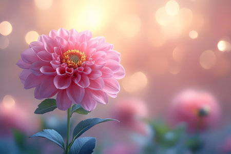 Delicate pink dahlia flower highlighted against a softly blurred bokeh backdrop, showcasing intricate petal details and a vivid yellow center. perfect for nature-themed designs, floral art, or botanical illustrations. Generative AIの素材