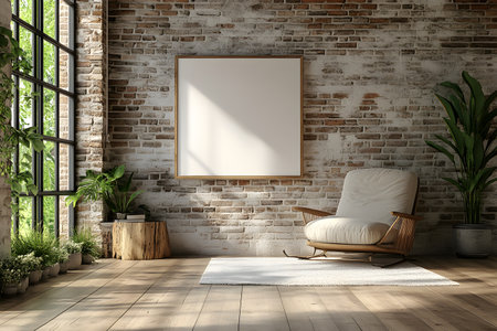 Cozy living area featuring a white cushioned armchair on a textured rug against an exposed brick wall. framed by large windows, the room is brightened with natural light and potted greenery, creating an inviting, warm atmosphere. Generative AIの素材