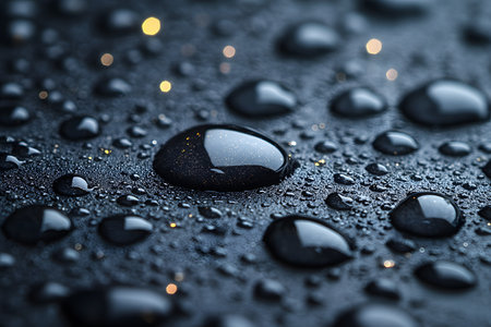 Detailed macro shot showcasing water droplets on a smooth surface, enhanced by a soft bokeh effect in the background. perfect for nature themes, design projects, and abstract art visuals. Generative AIの素材