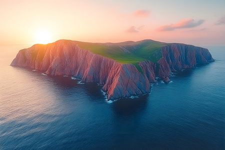 Dramatic sunset lighting illuminates a lush green island surrounded by tranquil waters, creating a breathtaking scene. the vibrant colors reflect off the cliffs, emphasizing natural beauty and coastal serenity. Generative AIの素材