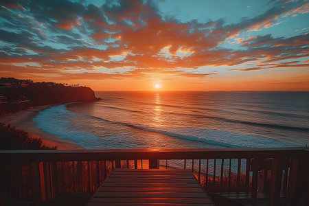 Ocean waves gently touch the sandy shore under a vibrant sunset sky, observed from a balcony. the warm hues of the setting sun create a tranquil and picturesque coastal vista, perfect for relaxation themes. Generative AIの素材