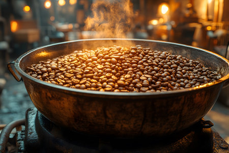 Steaming roasted coffee beans fill a large, rustic metal pan, set in a cozy cafe environment. the warm lighting and rich texture emphasize the aromatic allure of freshly brewed coffee, perfect for culinary or cafe design themes. Generative AIの素材
