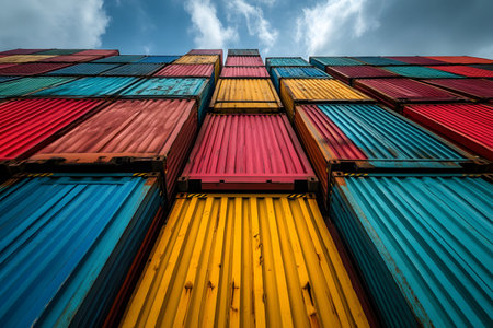 Vibrant, multicolored shipping containers tower against a dramatic sky, representing global trade, logistics, and industrial themes. the geometric arrangement highlights modern transportation and commerce dynamics. Generative AIの素材