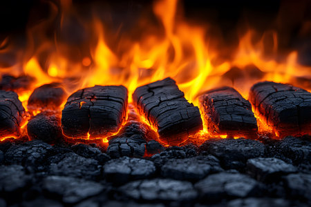 Vivid close-up of burning charcoal blocks with vibrant flames, showcasing the intense heat and fiery textures. ideal for themes related to warmth, energy, and natural fire elements in design projects. Generative AIの素材