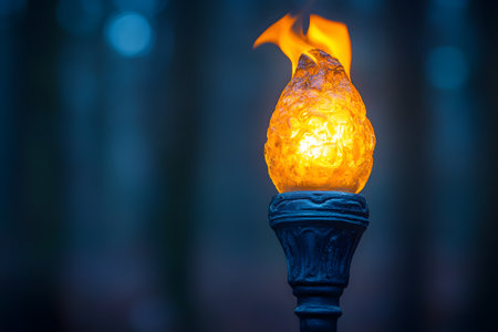 A warmly glowing torch illuminates a dim, mysterious forest setting, casting flickering light amid the dense, shadowy trees. the contrasted vibrant flame and deep woods create an atmosphere of intrigue and exploration. Generative AIの素材