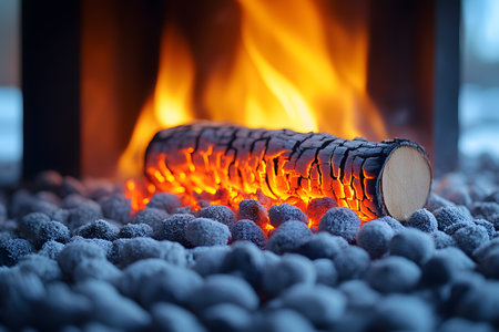 Burning firewood on a bed of glowing coals creates a warm and inviting atmosphere. the detailed texture of the logs and lively flames add a sense of comfort, making it an ideal concept for home decor or relaxation themes. Generative AIの素材