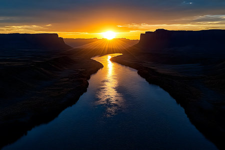 A breathtaking sunset illuminates a winding river flowing through a rugged canyon. the vibrant hues of the sky reflect on the water, creating a tranquil and picturesque scene perfect for travel or nature-themed designs. Generative AIの素材