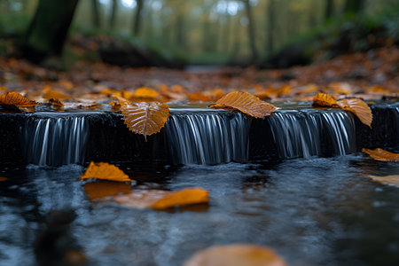 A serene woodland stream gently flows over a small cascade, surrounded by vibrant orange autumn leaves. the tranquil setting embodies the calmness of nature, making it perfect for seasonal decor or nature-themed projects. Generative AIの素材