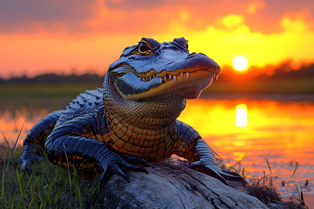 Alligator basking on a log by a serene water body against a vibrant, colorful sunset. the scene highlights the natural habitat of the alligator, emphasizing wildlife beauty and tranquility in nature. Generative AIの素材