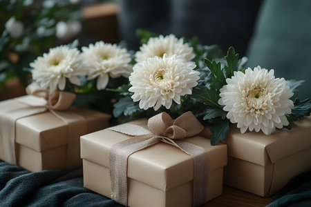 Elegant gift boxes adorned with blooming white chrysanthemums, symbolizing purity and elegance. ideal for festive occasions, celebrations, or personal presentations. the soft lighting and floral accents convey a sense of sophistication. Generative AIの素材