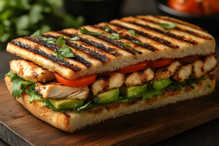 A delicious grilled chicken panini is showcased on a wooden board, featuring layers of ripe avocado, fresh tomatoes, and herbs. the perfectly toasted bread highlights the savory flavors, ideal for lunch concepts and food photography. Generative AIの素材