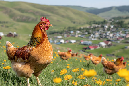 In a scenic rural landscape, chickens roam freely amidst vibrant yellow flowers on a sunny hillside. the blurred view of small village houses and rolling green hills completes the idyllic countryside scene. Generative AIの素材